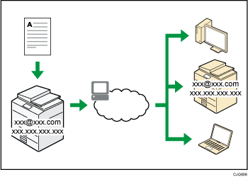 インターネットでファクスを送受信するイメージのイラスト