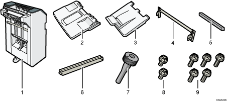 1000枚中とじフィニッシャーの同梱品イラスト 説明番号つき